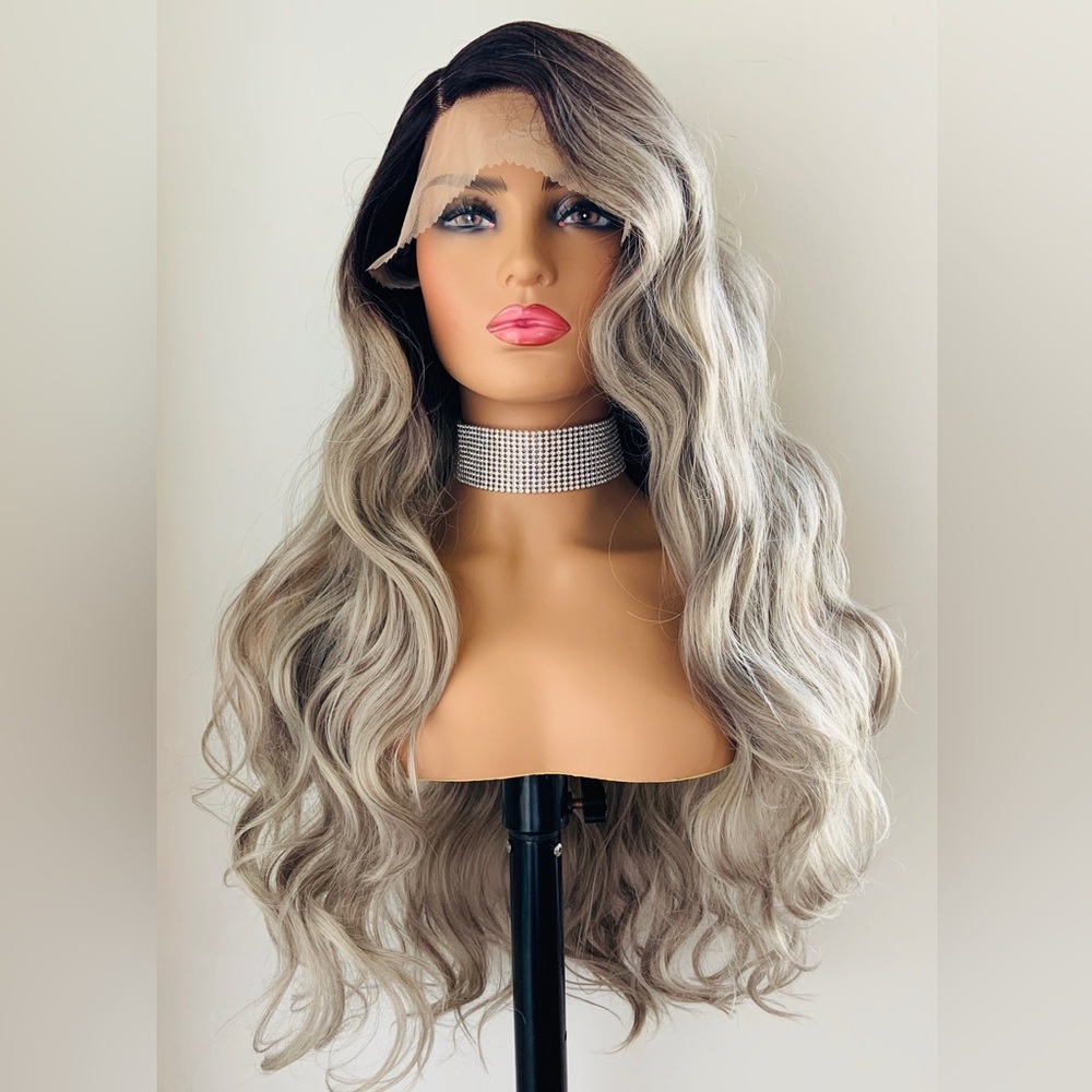 Long Gorgeous 28” Ombre Grey Premium Fiber Lace Front Wig for Daily Wear/Events